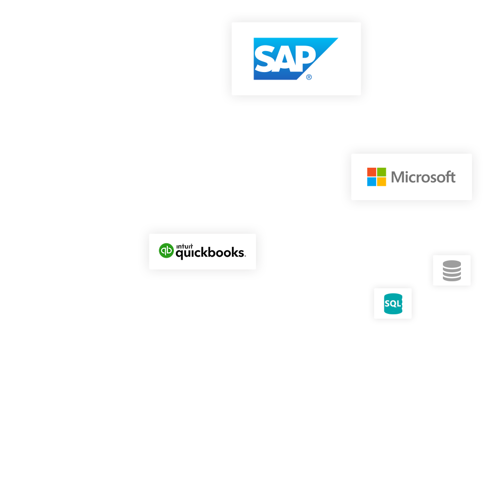 Floating logo's of SAP, Microsoft, Quickbooks and SQL